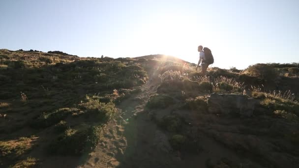 Slow motion of group of hikkers ascending mountain slope at sunrise, flares, sunbeams and volume light. Grasslands at summit. Natural landscape. Patagonia, Argentina. Cerro Colorado — Stock Video