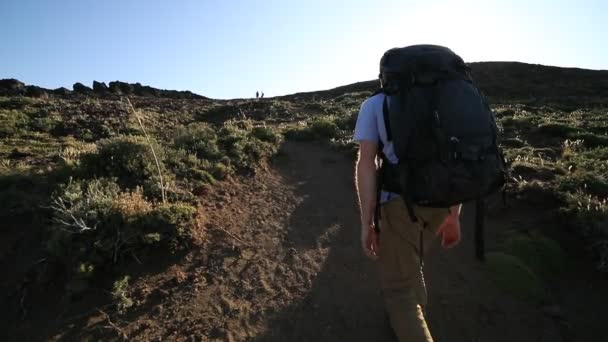日の出の山の斜面を登るハイカーのグループのスローモーション。フレア、太陽光、人の後ろに現れるボリュームライト。山頂の草原。自然の風景。パタゴニア。セロ・コロラド — ストック動画