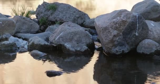 Деталь гірських порід над водою на заході сонця, вода, що тече між камінням і маленькими брижами, сприяють руху сцени. Золота година. Природний ландшафт — стокове відео