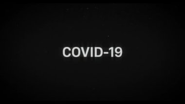 Covid-19 ünvan animasyonu, arıza efekti, kırmızı kanal dengesi ve toz. Eski televizyon dokusu ve vignette. Salgın ölümcül virüs haberleri.