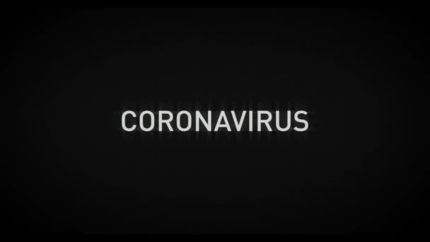 Animación de título de Coronavirus con efecto glitch y desplazamiento de canal rojo. Textura y viñeta de televisión antigua. Noticias del virus letal pandémico . — Vídeos de Stock