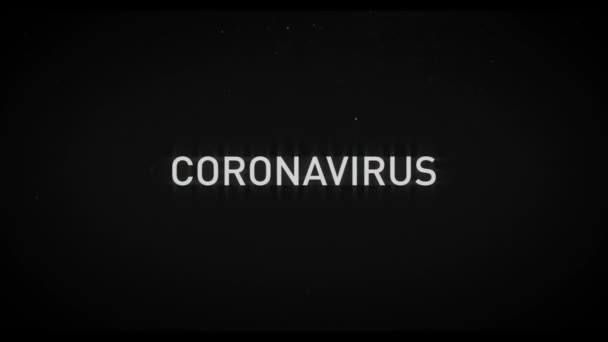 Animacja tytułu koronawirusa z efektem usterki i przesunięciem czerwonego kanału i kurzem. Stara telewizyjna faktura i winieta. Pandemiczna wiadomość o śmiertelnym wirusie. — Wideo stockowe