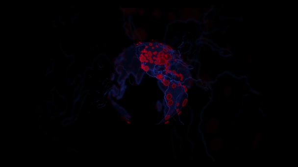 Digital modern animation effect of the world affected by the Coronavirus dessease COVID-19 in red and blue of the areas with more sick and dead people in the year 2020. — Stock Video