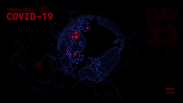 Digitale animatie van de wereld getroffen door het Coronavirus dessease COVID-19 met geanimeerde tekst, dagtelling en aantal geïnfecteerde en dode mensen. — Stockvideo