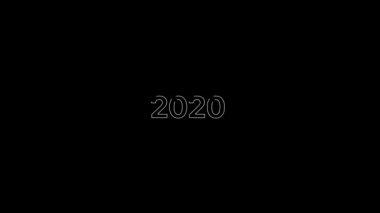 Animasyon 4k metin kompozisyonunda siyah arkaplan ile düz beyaz ile doldurulan 2020 beyaz kelime üzerinde özet efekti.