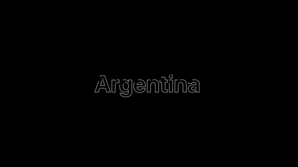 Obrys Effect over a white Argentina word that then fill with flat plain white on an animated typographic 4k text composition with black background. — Stock video