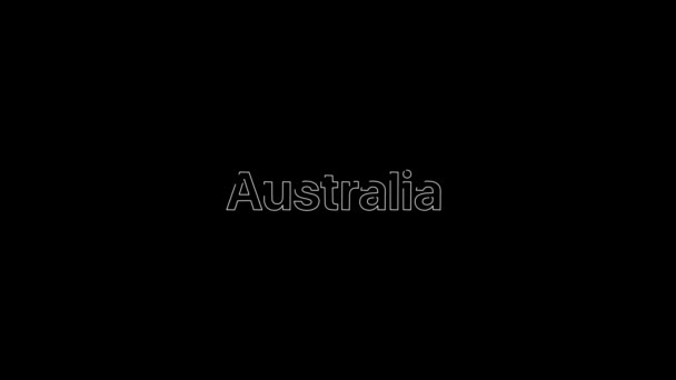 Obrys Effect over a white Australia word that then fill with flat plain white on an animated typographic 4k text composition with black background. — Stock video