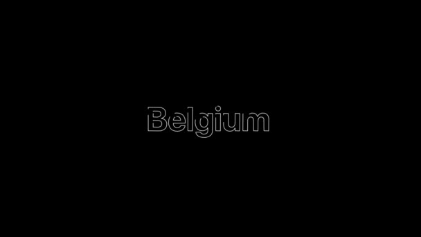 Disposition Effekt över ett vitt Belgien ord som sedan fyller med platt vanligt vitt på en animerad typografisk 4k textkomposition med svart bakgrund. — Stockvideo