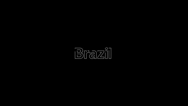 Esquema Efecto sobre una palabra blanca de Brasil que luego se llena de blanco plano sobre una composición tipográfica animada de texto 4k con fondo negro . — Vídeos de Stock
