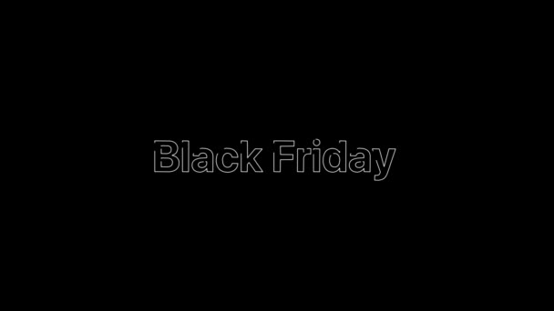 Efeito de esboço sobre uma palavra branca BlackFriday que, em seguida, preenche com branco liso plano em uma composição de texto tipográfico 4k animado com fundo preto . — Vídeo de Stock