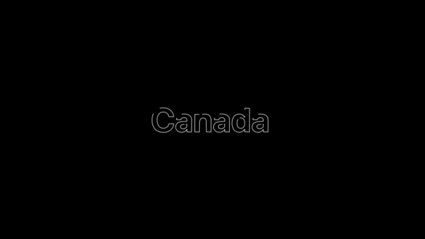 Obrys Effect over a white Canada word that then fill with flat plain white on an animated typographic 4k text composition with black background. — Stock video