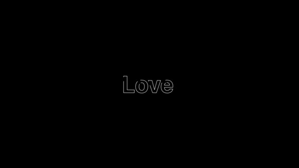 Disposition Effect over a white Love word som sedan fylls med platt vanligt vitt på en animerad typografisk 4k textkomposition med svart bakgrund. — Stockvideo