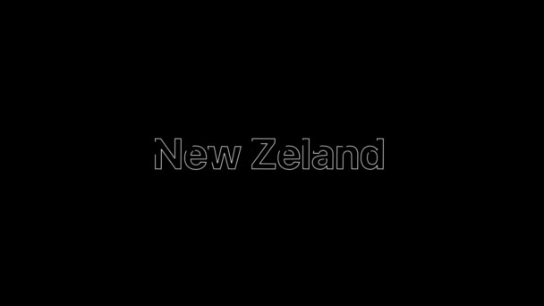Outline Effect over een wit NewZeland woord dat zich vervolgens vult met plat wit op een geanimeerde typografische 4k tekstcompositie met zwarte achtergrond. — Stockvideo