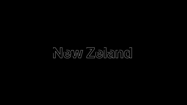 Effet contour sur un mot blanc NewZeland qui se remplit ensuite d'un blanc uni plat sur une composition typographique animée de texte 4k avec fond noir .