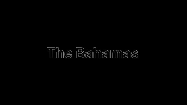 Эффект контура на белом слове на Багамских островах, которое заполняется плоским белым цветом на анимированной типографической 4k текстовой композиции с черным фоном . — стоковое видео