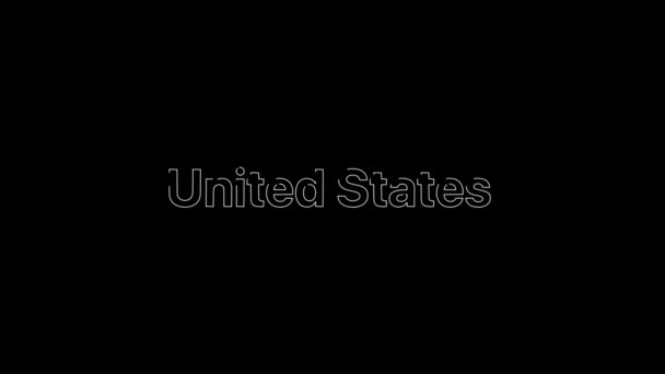 Umrisseffekt über einem weißen UnitedStates-Wort, das sich dann mit flachem, einfarbigem Weiß auf einer animierten typografischen 4k-Textkomposition mit schwarzem Hintergrund füllt. — Stockvideo
