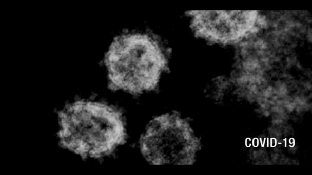 Coronavirus COVID-19 Text und Mikroskop-Bild zeigen mit einem schwarz-weißen, alten TV-Effekt mit Belichtung wackeln Vibration und Text unten rechts. — Stockvideo