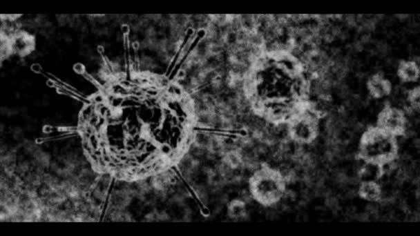 コロナウイルスCOVID-19テキストと顕微鏡画像は、右下に露出の角度振動とテキストと黒と白、ヴィンテージの古いテレビ効果で明らかに. — ストック動画
