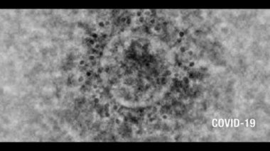 Coronavirus COVID-19 metin ve mikroskop görüntüsü sağ altta titreşim ve metin ile siyah beyaz, eski bir TV efekti olduğunu gösteriyor.