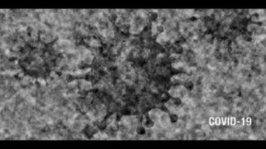 Coronavirus COVID-19 metin ve mikroskop görüntüsü sağ altta titreşim ve metin ile siyah beyaz, eski bir TV efekti olduğunu gösteriyor.