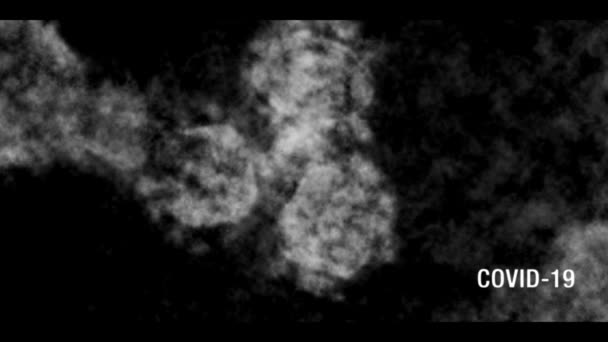 Imagen de texto y microscopio del Coronavirus COVID-19 revelada con un efecto de TV antiguo en blanco y negro con vibraciones de exposición y texto en la parte inferior derecha . — Vídeos de Stock