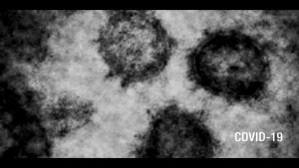 Coronavirus COVID-19 text and microscope image reveal with a black and white, vintage old TV effect with exposure wiggle vibration and text on the bottom right. — Stock Video