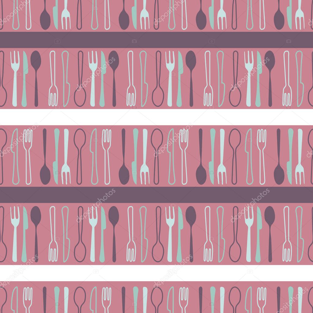 Regular vector pattern with knives, forks and spoons between white and purple stripes. One of the 