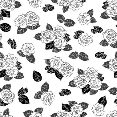 Siyah ve beyaz güller ile vektör tekrarlama deseni