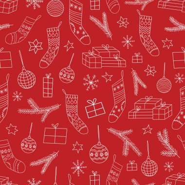 Kırmızı Noel vektörü hediye toplar ve çoraplar