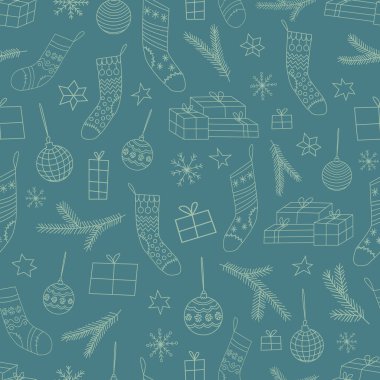 Yeşil Noel vektör deseni - hediyeler ve toplar