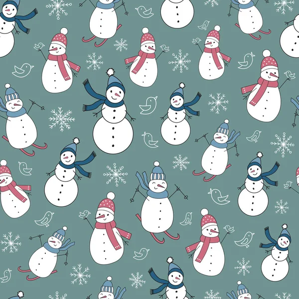 Vert Mignon Noël Snowmen vecteur patron répétition — Image vectorielle