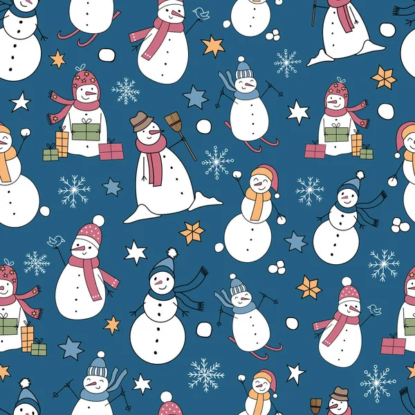 Hiver Noël bonhommes de neige mignon vectoriel modèle sans couture — Image vectorielle