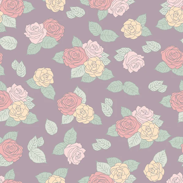 Patroon met kleurrijke rozen op paarse achtergrond — Stockvector