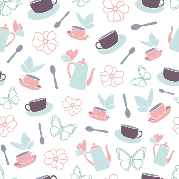 Modèle vectoriel avec théières tasses et papillons — Image vectorielle