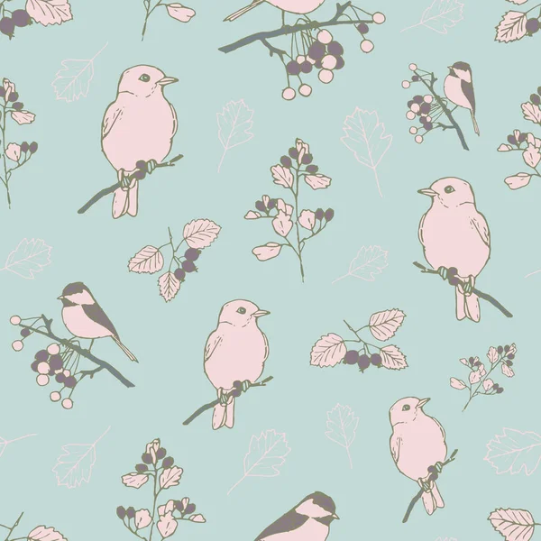 Motif vectoriel avec des oiseaux et des plantes avec des baies — Image vectorielle