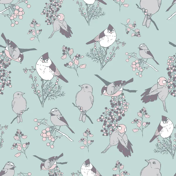 Motif vectoriel avec des oiseaux et des plantes avec des baies — Image vectorielle