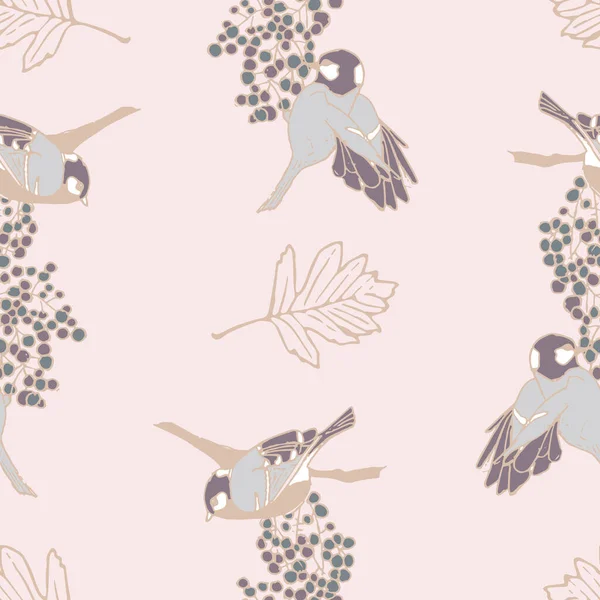 Patrón vectorial rosa con pájaros picoteando bayas — Archivo Imágenes Vectoriales
