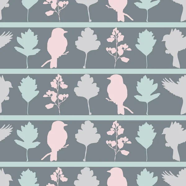 Modèle vectoriel gris avec des plantes et des rayures d'oiseaux — Image vectorielle