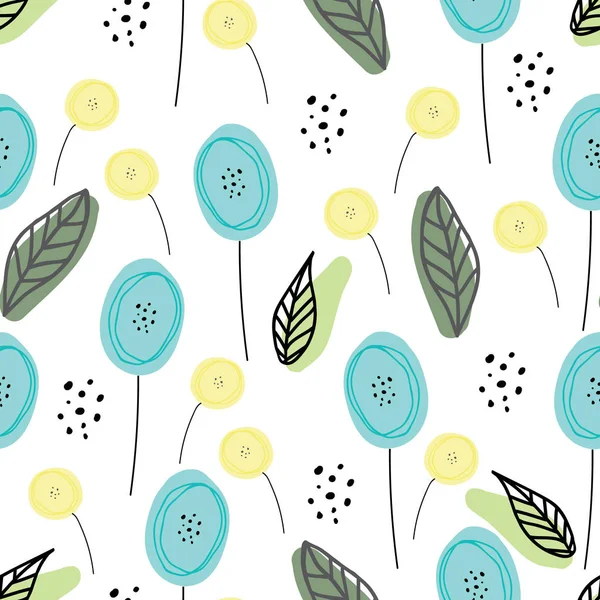 Modèle vectoriel avec fleurs doodle bleues et jaunes — Image vectorielle