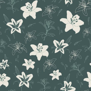 Zambaklarla vektör deseni. Koyu yeşil arkaplan