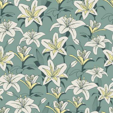 Zambaklarla vektör deseni. Açık yeşil arkaplan