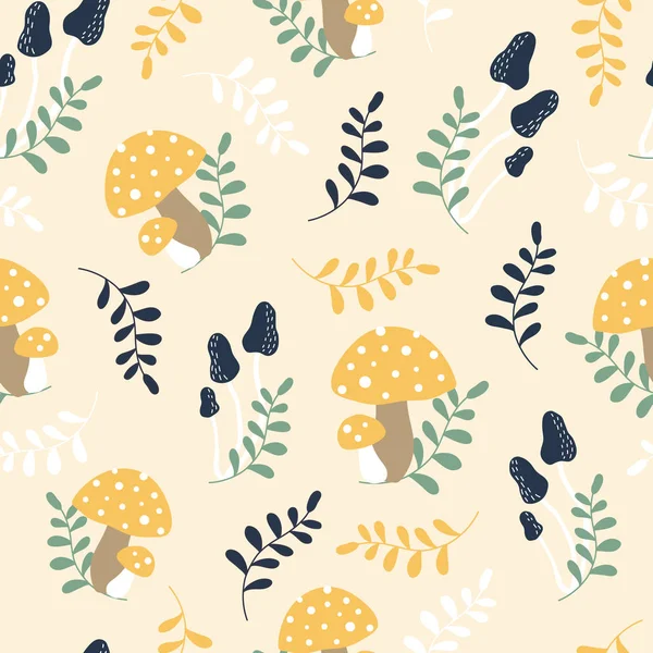 Cute vector pattern with mushrooms and branches — 스톡 벡터