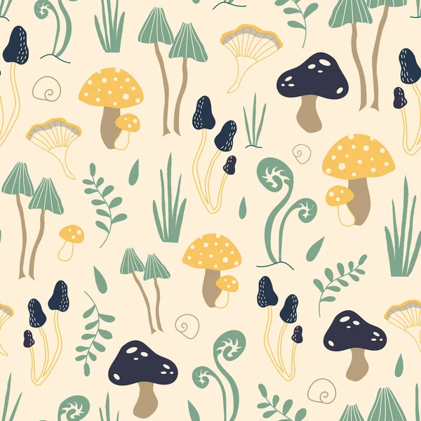 Cute vector pattern with mushrooms in the forest — 스톡 벡터