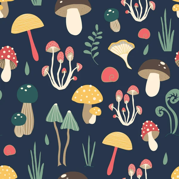 Cute vector pattern with mushrooms in the forest — Stock Vector