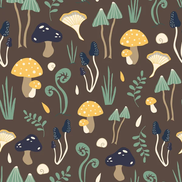 Brown vector pattern with mushrooms in the forest — 스톡 벡터