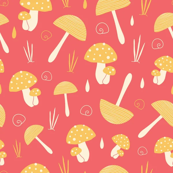 Whimsical red vector pattern with yellow mushrooms — 스톡 벡터