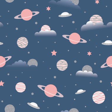 Mavi gökyüzü kızlarında pembe gezegenlerin vektör deseni
