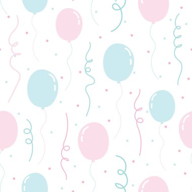 Parti elementleri ile vektör tekrarlama şablonu - pembe ve turkuaz balonlar ve beyaz arka planda konfeti. Parti konusu, pastel renkler.