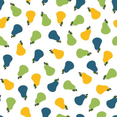 Beyaz zemin üzerinde küçük yeşil, mavi ve sarı armutlarla basit vektör yineleme deseni.