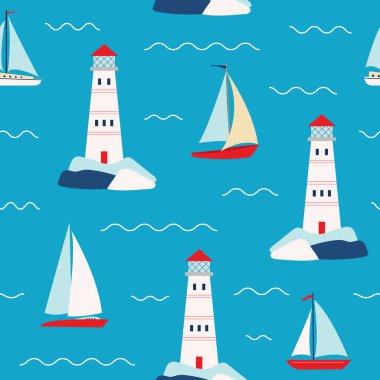 Yelkenli ve deniz feneri büyüklüğünde vektör deseni